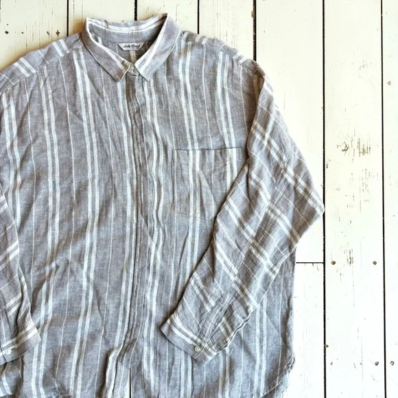 Lucky Brand Linen Blend Stripe Button Up Shirt Raglan Sleeve Neutral Men’s XL - Picture 7 of 11